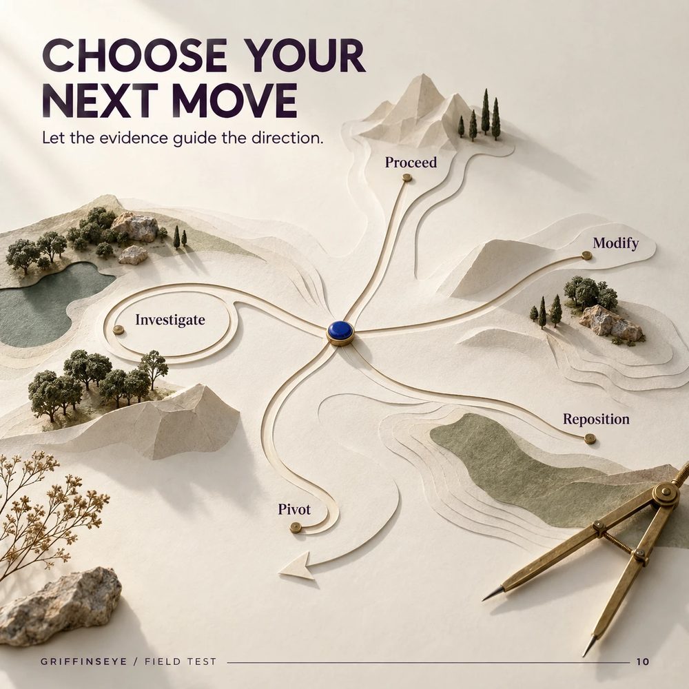 Choose your next move: proceed, refine, reposition, investigate, pivot